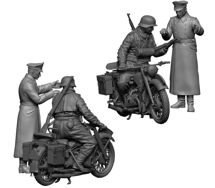 German BMW R-12 heavy motocycle with rider and officer, 1:35, Zvezda 