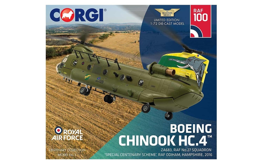 Helicopter Boeing Chinook HC.4 ZA683 RAF No.27 Squadron, Special Centenary Scheme, 100 Years of the RAF, 1:72, Corgi 