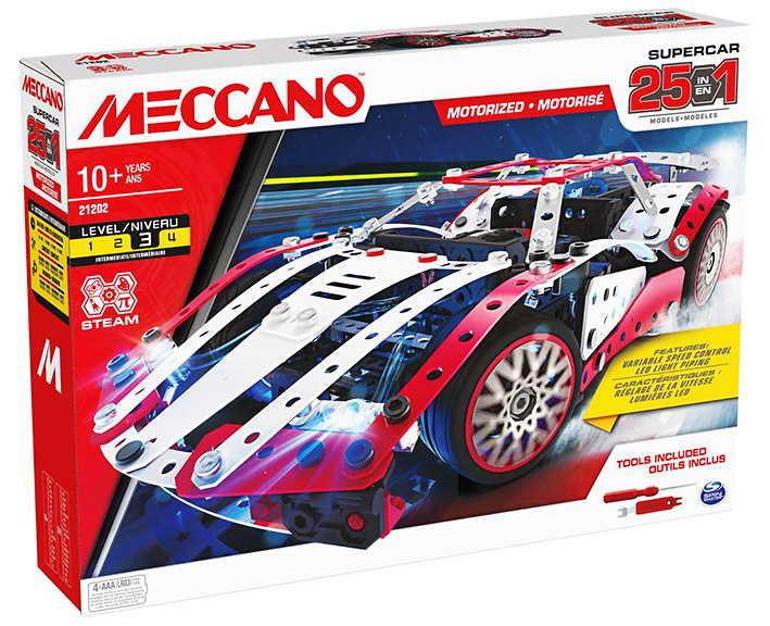 Meccano, 25-in-1 Motorized Supercar STEM Model Building Kit , Meccano 