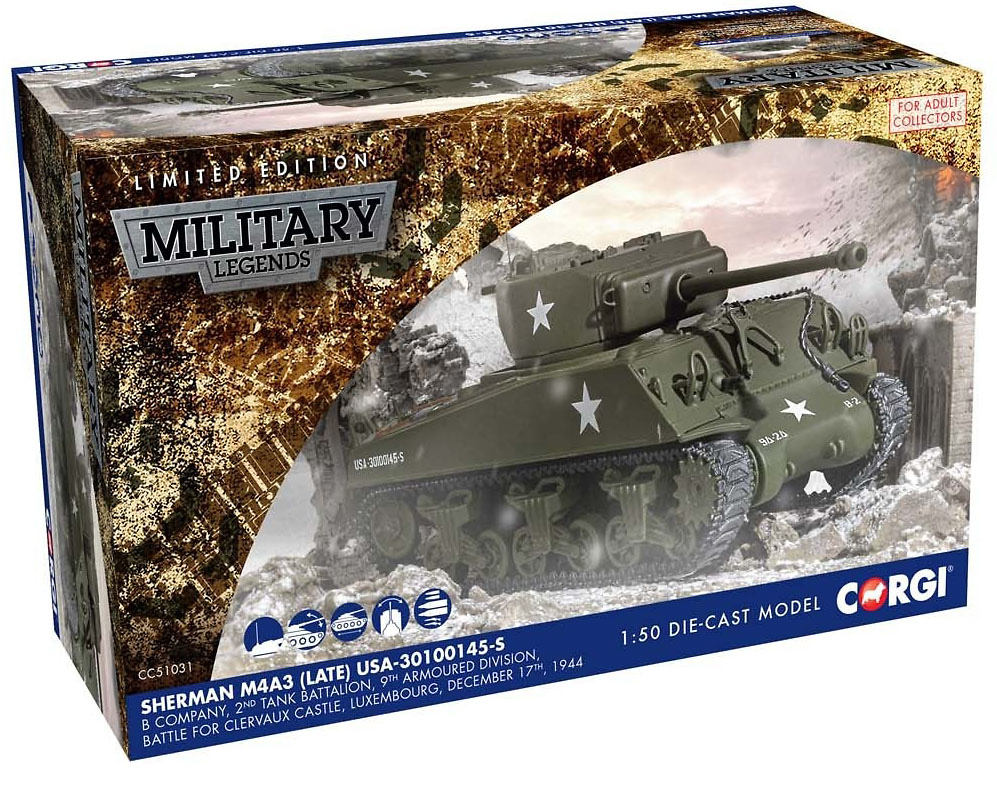 Sherman M4 A3 (Late), US Army, Luxembourg 1944, 1:50, Corgi 