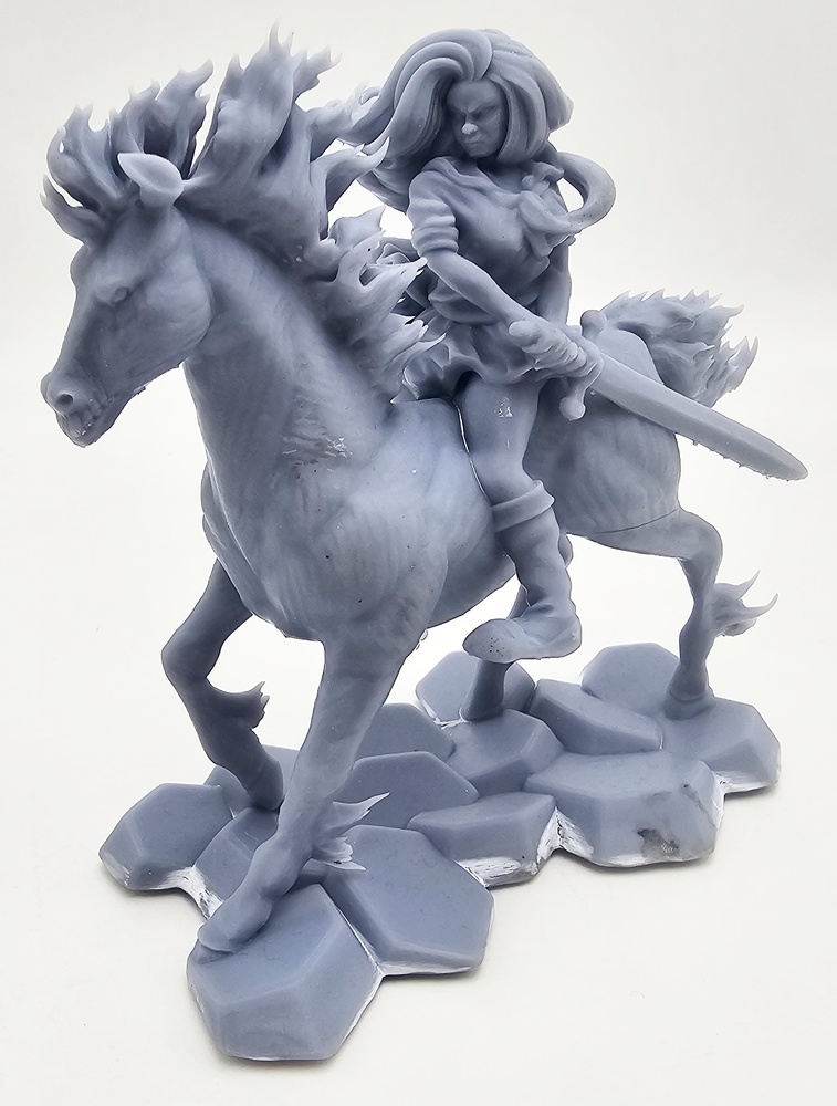 Warrior woman with sword on horseback, resin, 3D 