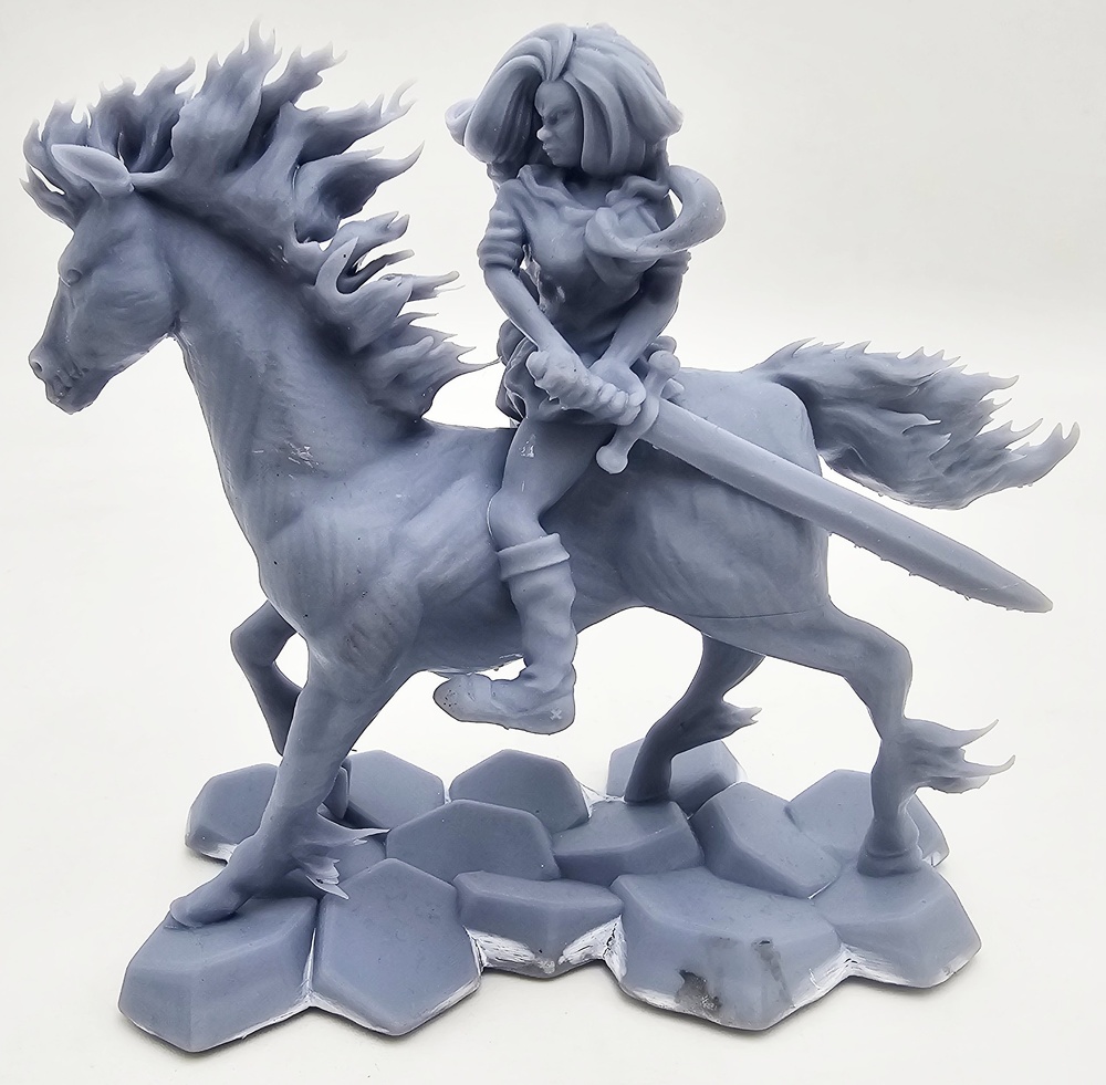 Warrior woman with sword on horseback, resin, 3D 