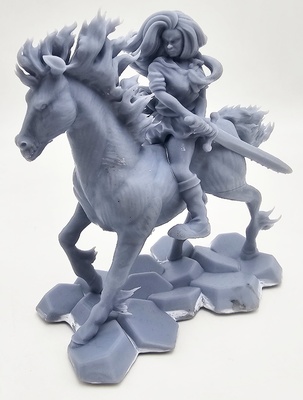 Warrior woman with sword on horseback, resin, 3D