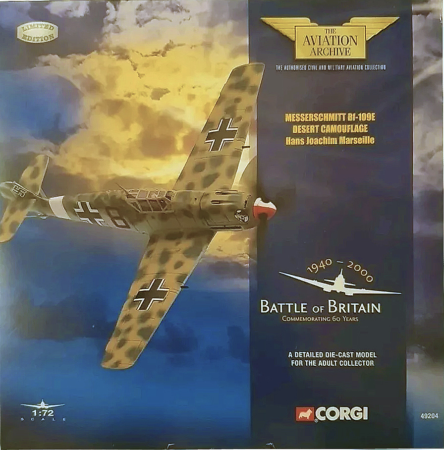 Messerschmitt Bf-109e, Camuflaje color desierto, Hans Joachim Marseille, 1:72, Corgi 